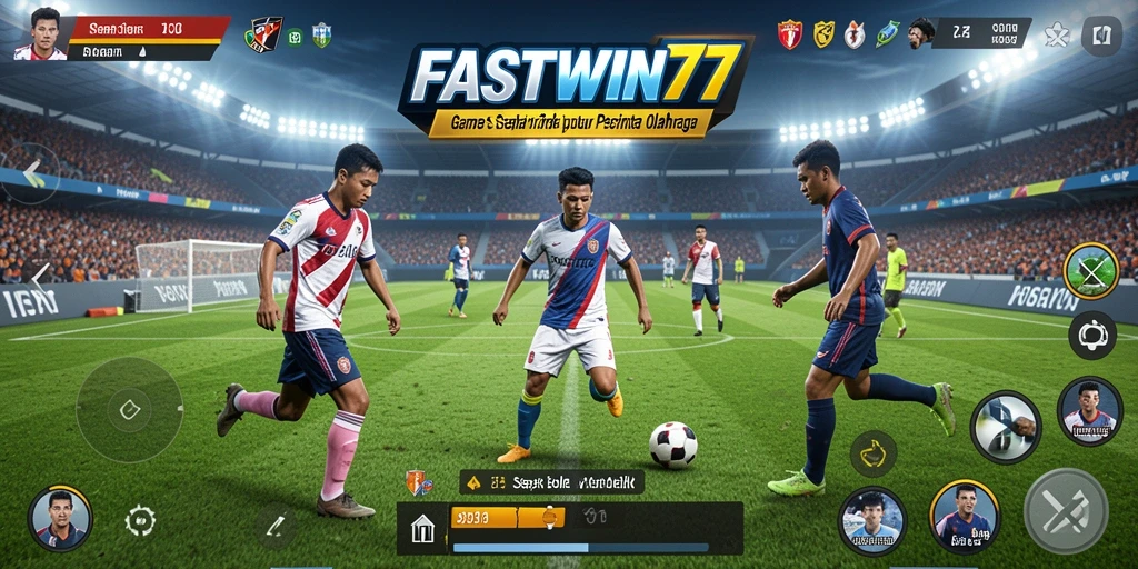 Screenshot permainan FASTWIN77 menunjukkan aksi laga sepak bola yang intens.