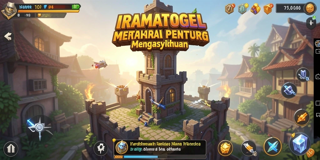 Screenshot gameplay IRAMATOGEL dengan menara yang sedang bertempur.