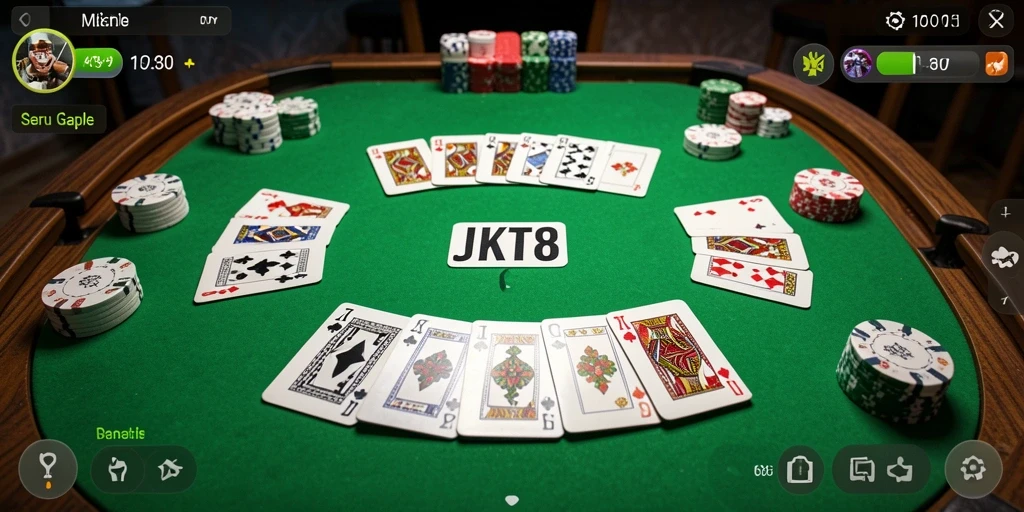 Screenshot utama JKT8 menampilkan gameplay Gaple yang seru.