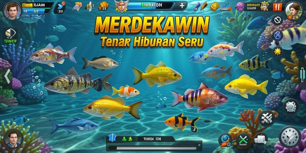 Tampilan gameplay seru dalam MERDEKAWIN dengan berbagai ikan yang menantang.