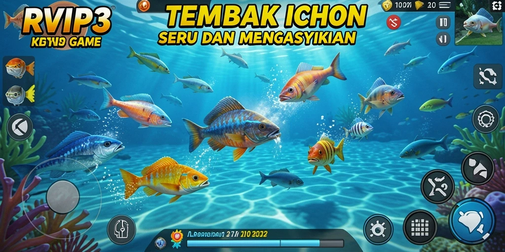 Tampilan gameplay RVIP3 yang mendebarkan dengan berbagai ikan untuk ditembak.
