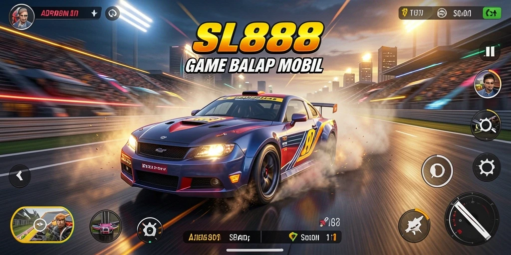 Gameplay SL888 yang memukau dengan mobil balap beraksi di trek.