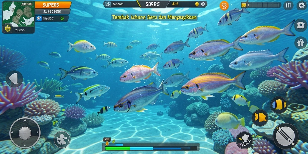 Tampilan gameplay SUPER5 yang seru saat menangkap ikan.