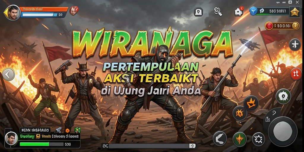 Tangkapan layar utama WIRANAGA menampilkan aksi seru dari pertempuran intens.